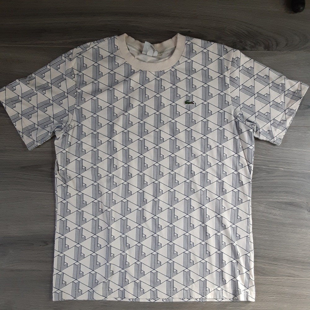 Lacoste LIVE Unisex Relaxed Fit Geometric Monogram T-Shirt White Blue Large